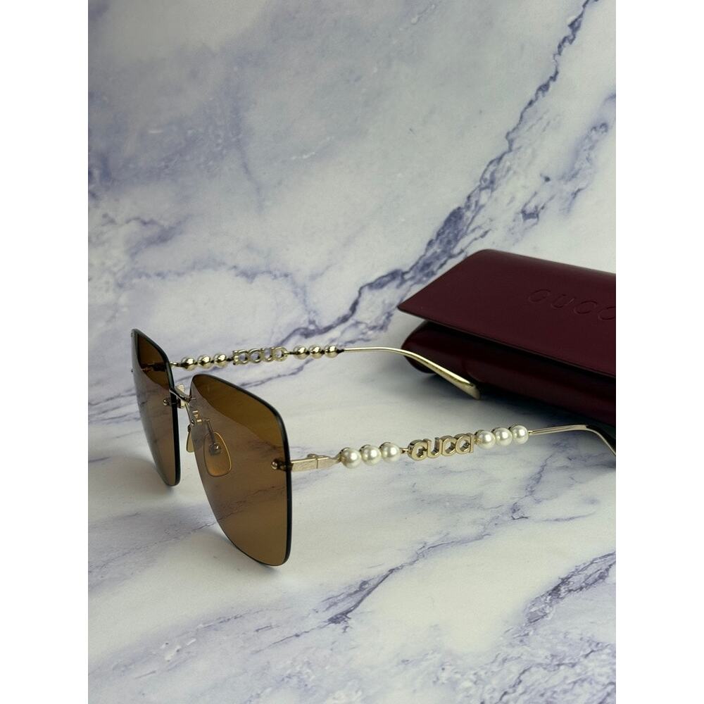 NEW Gucci GG1923SA Gold Brown Square Pearl Sunglasses - Picture 4 of 8